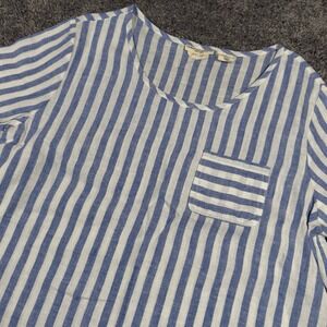 Christian Siriano New York 100% Linen Blouse Medium Blue White Vertical Stripe